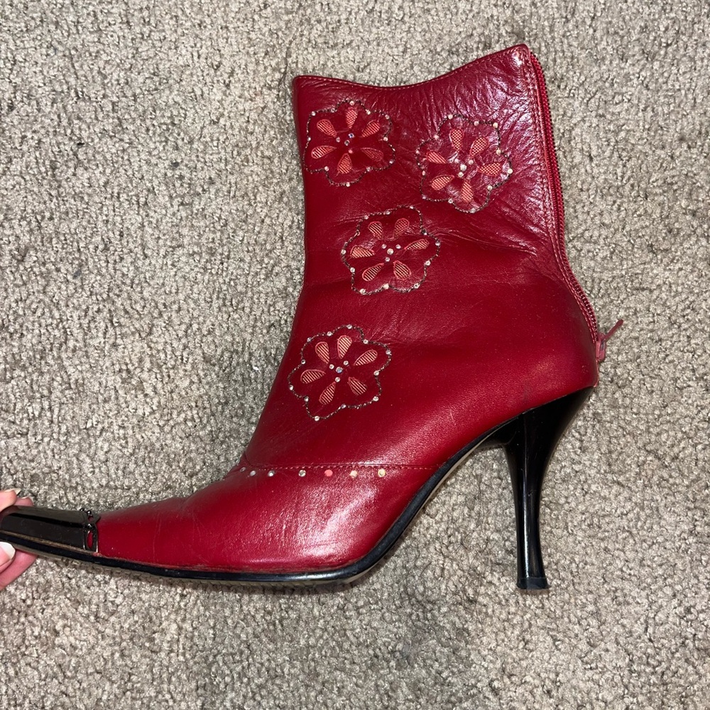 Red Heeled Boots with Floral Embroidery